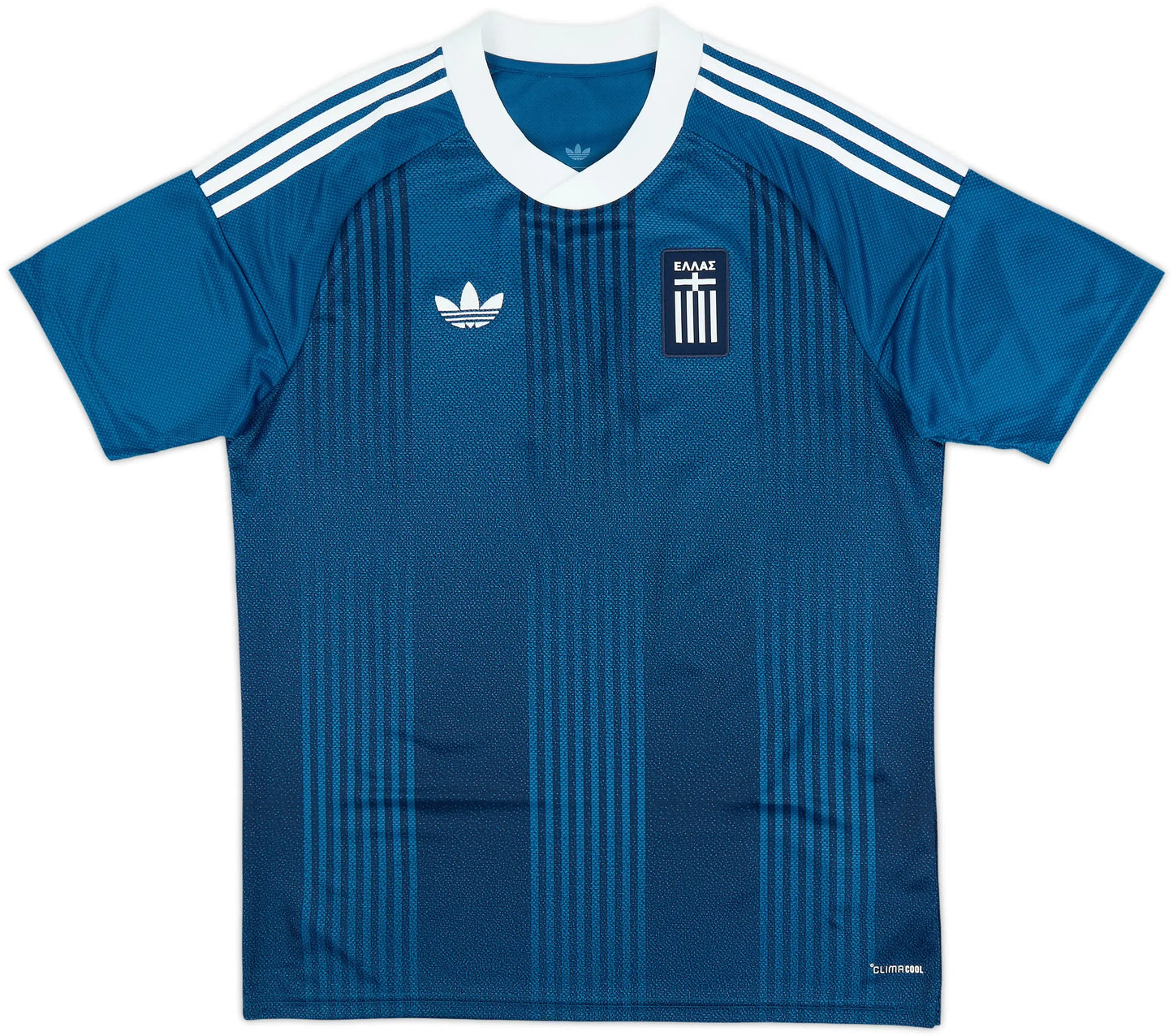 Blue sports jersey with white stripes and a logo on a white background