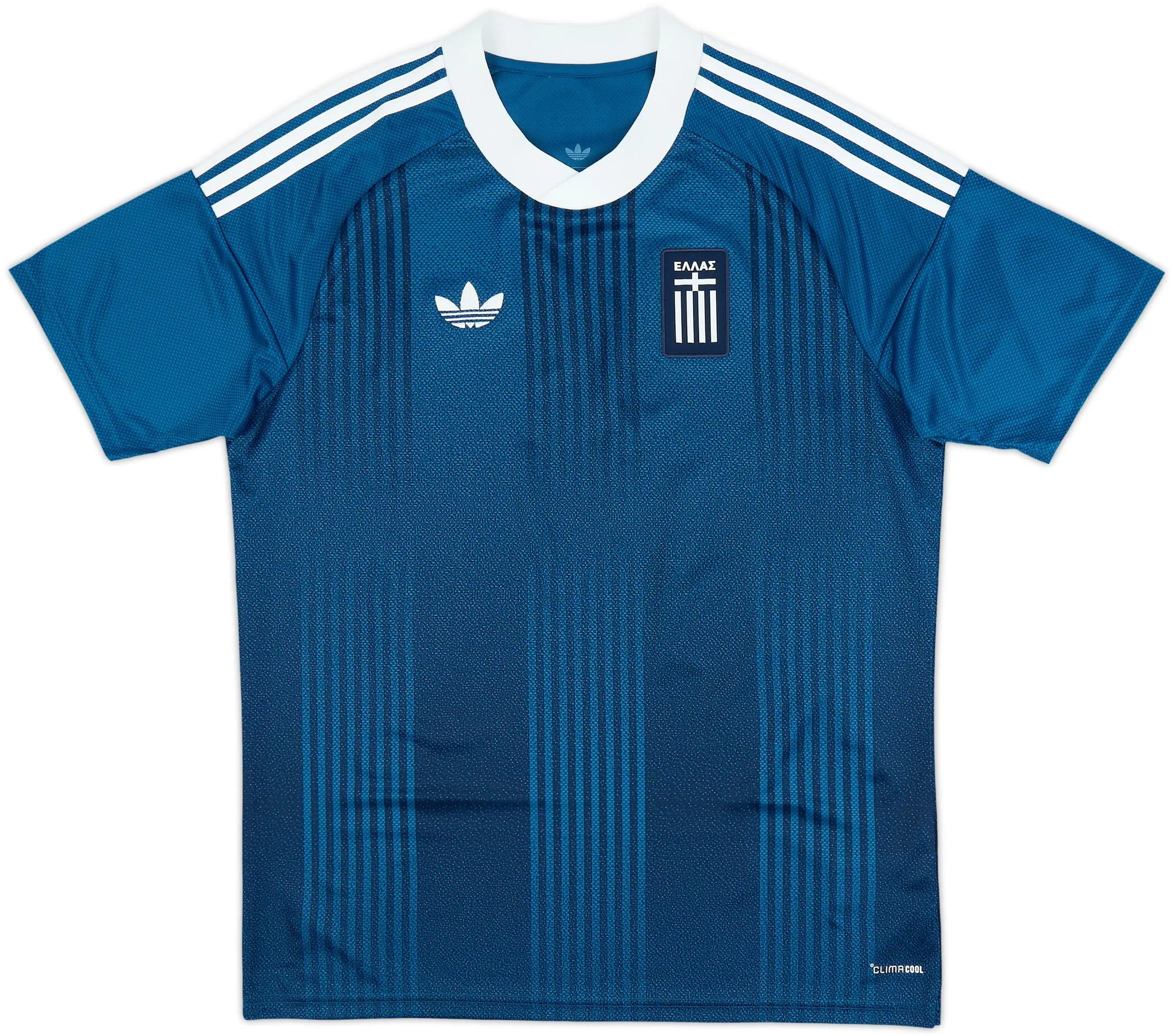 Blue sports jersey with white stripes and a logo on a white background