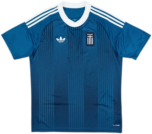 Blue sports jersey with white stripes and a logo on a white background